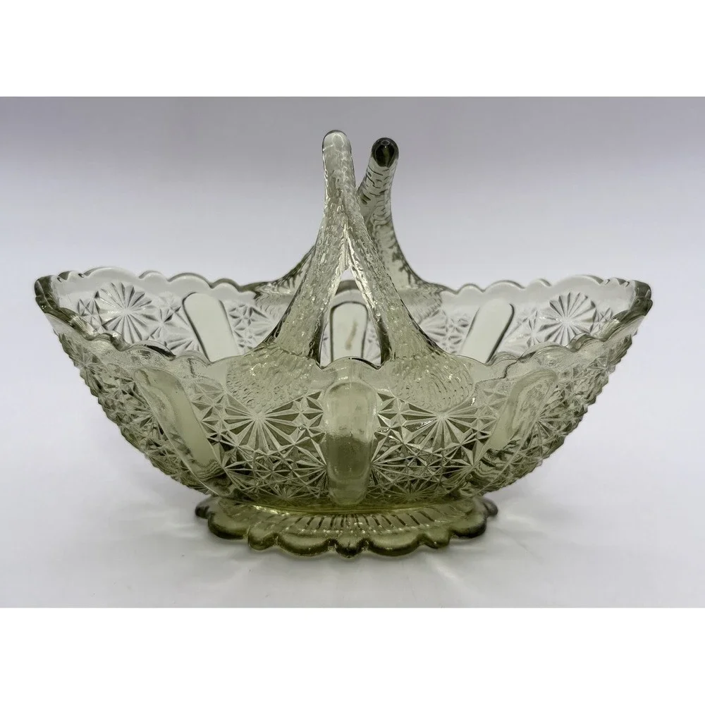 Vintage Fenton Art Glass Colonial Green Daisy Button Split Twig Handle Basket 6”